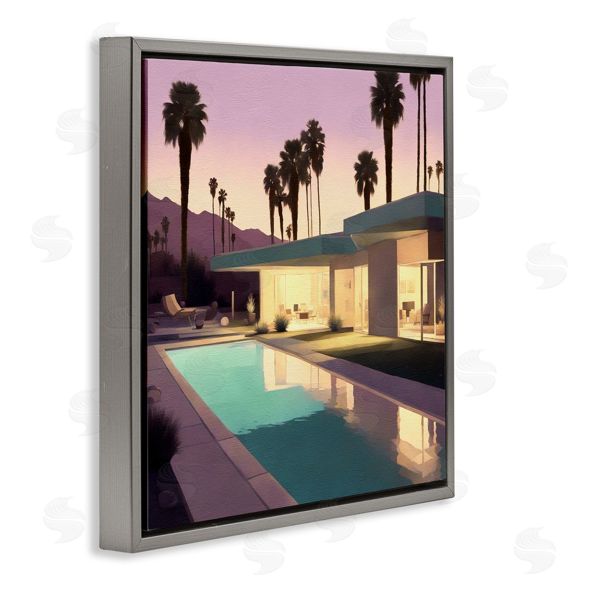 Noah Bay Palm Trees & Pool Villa Gray Floating Frame Canvas Wall Art Print