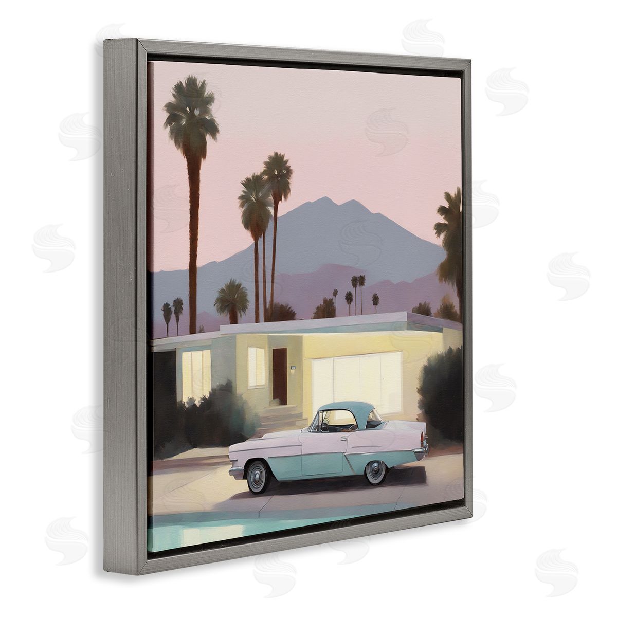 Noah Bay Poolside Classic Car Gray Floating Frame Canvas Wall Art Print