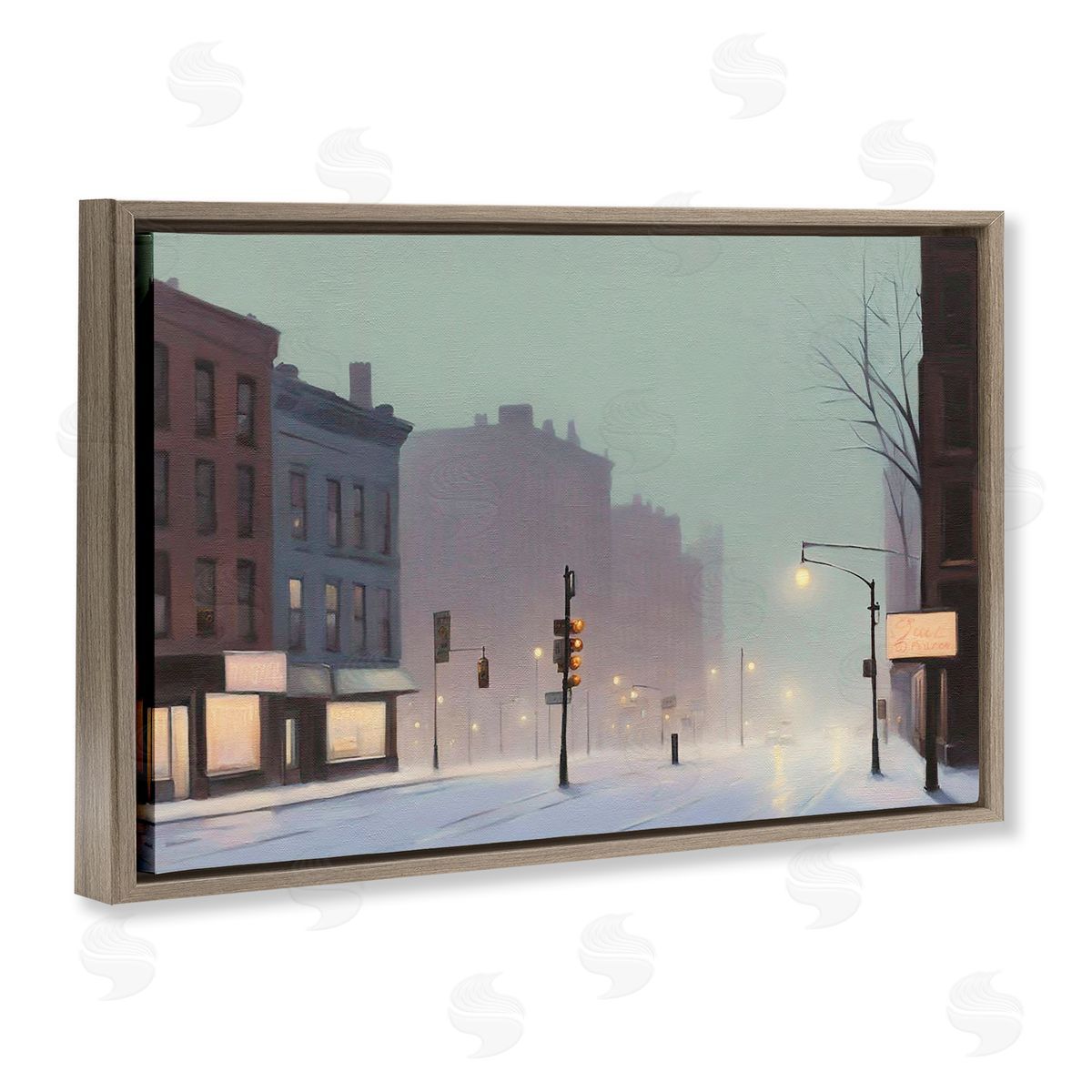 Foggy City Street Brown Floating Frame Canvas Wall Art, Home Decor by Noah Bay