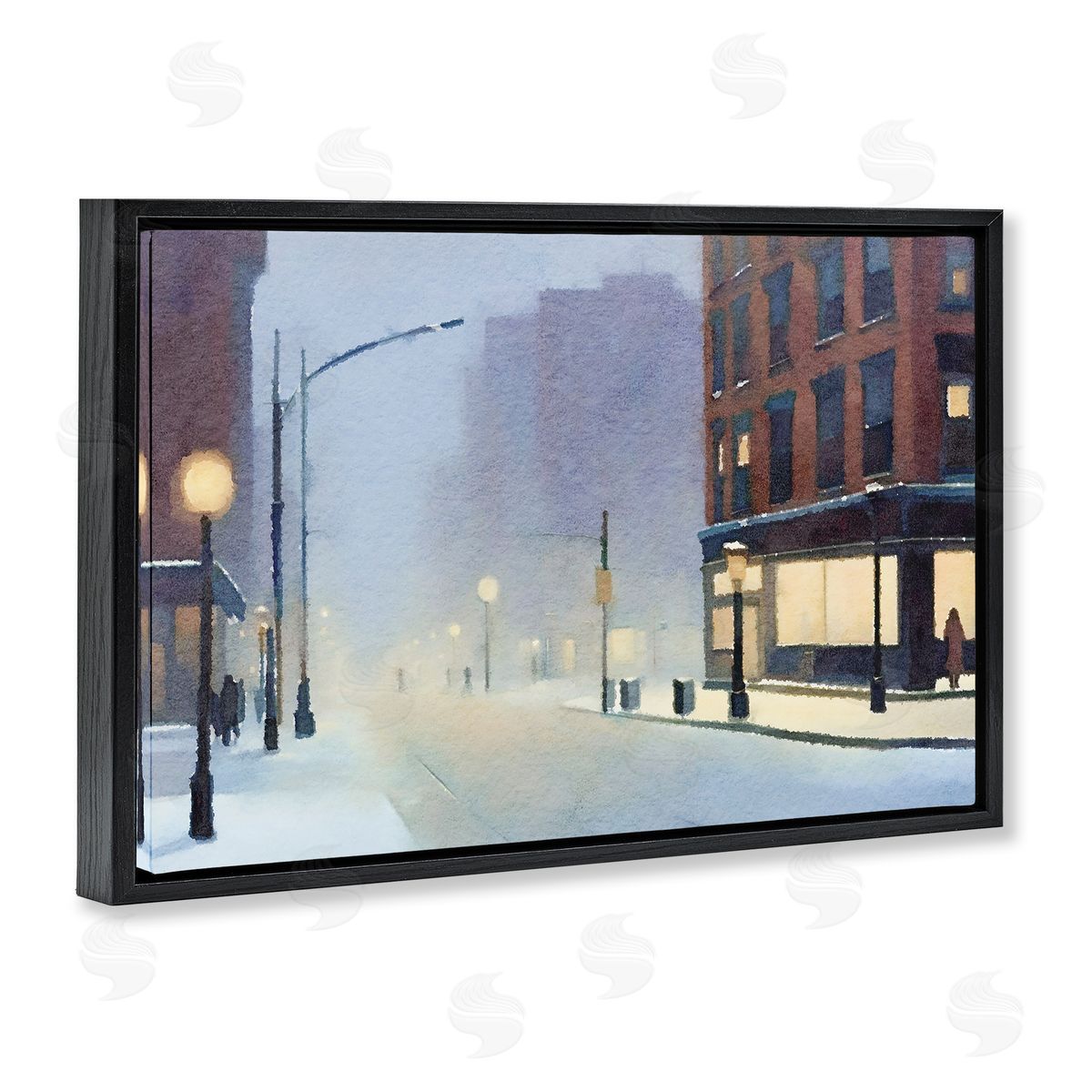 Misty Winter City Street Black Floating Frame Canvas Wall Art, Home Decor by Noah Bay