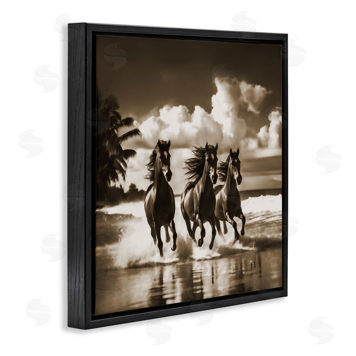 Noah Bay Sepia Stallions Galloping Black Floating Frame Canvas Wall Art Print