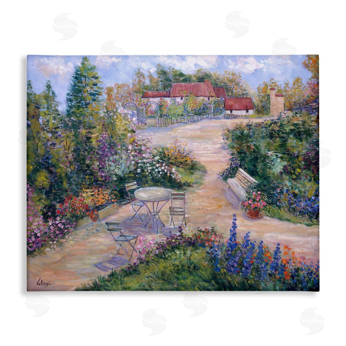 Alexi Fine Spring Garden Benches Canvas Wall Art Print