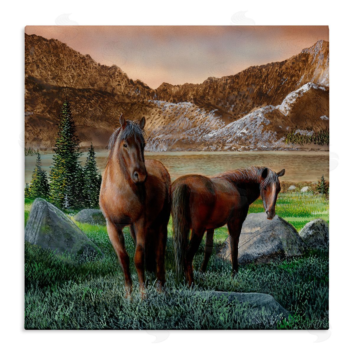 Kevin Daniel Two Horses by Mountain Canvas Wall Art Print