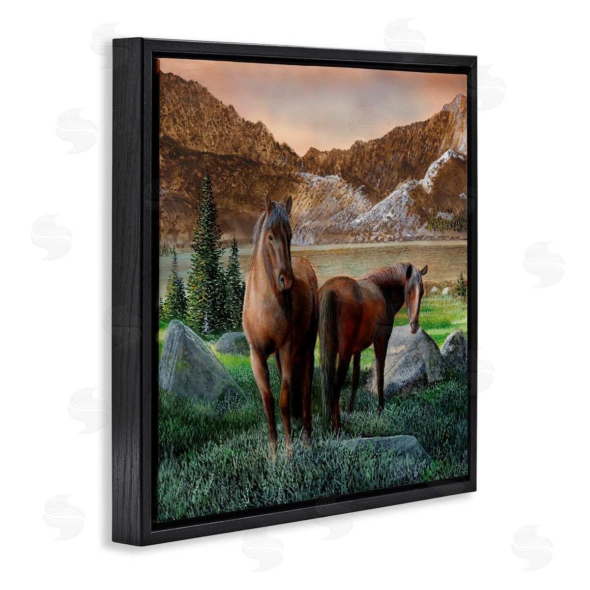 Kevin Daniel Two Horses by Mountain Black Floating Frame Canvas Wall Art Print