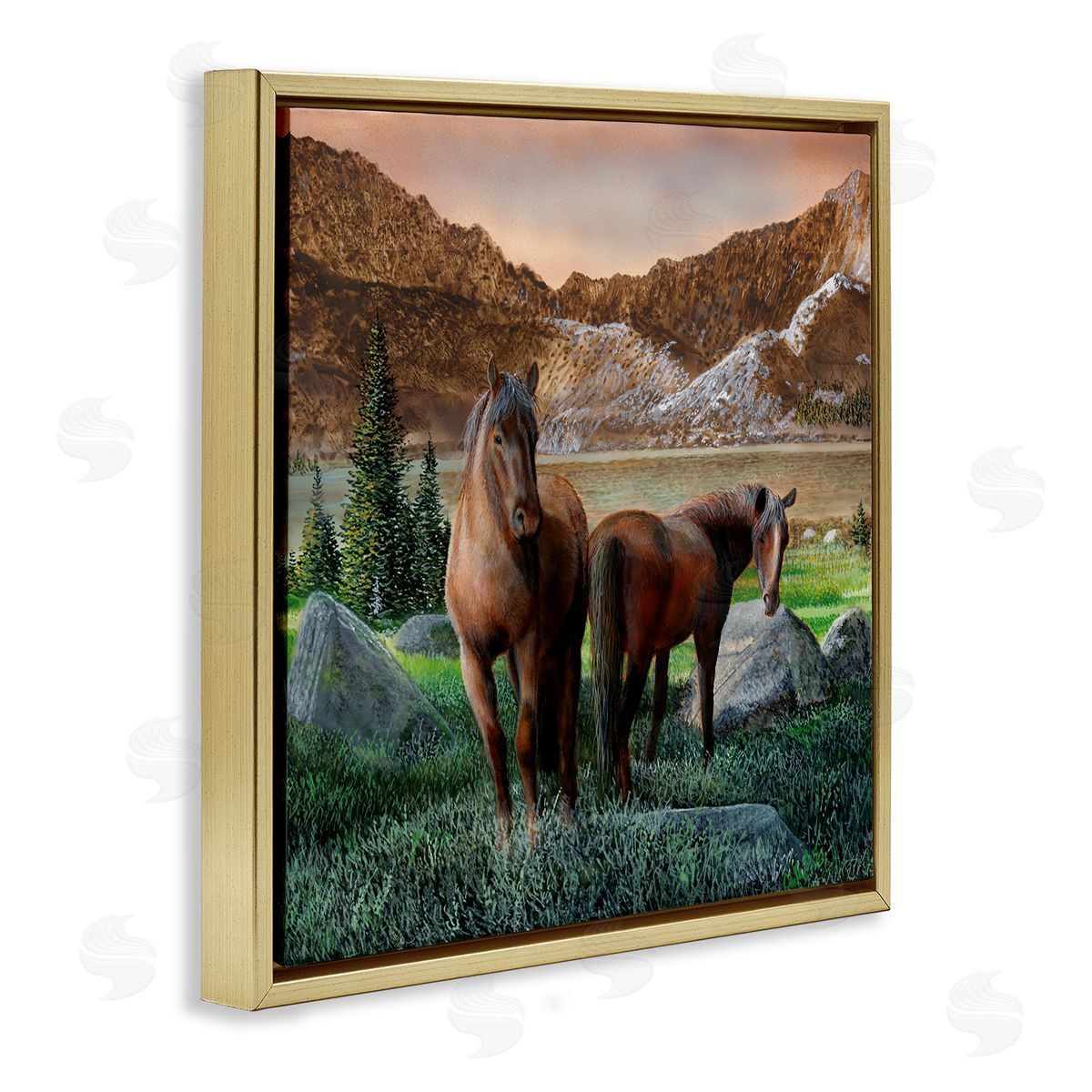 Kevin Daniel Two Horses by Mountain Gold Floating Frame Canvas Wall Art Print