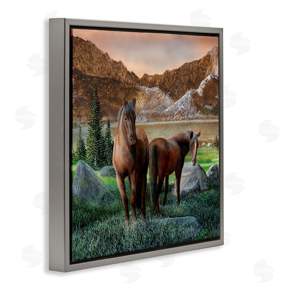 Kevin Daniel Two Horses by Mountain Gray Floating Frame Canvas Wall Art Print