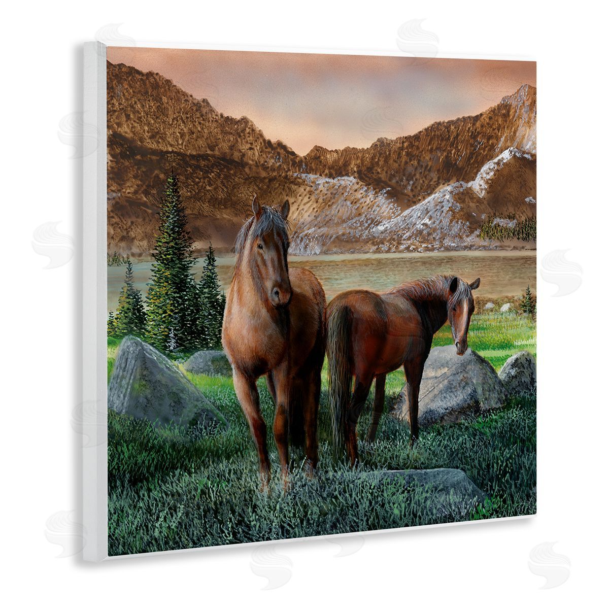 Kevin Daniel Two Horses by Mountain Wooden Wall Plaque Art Print