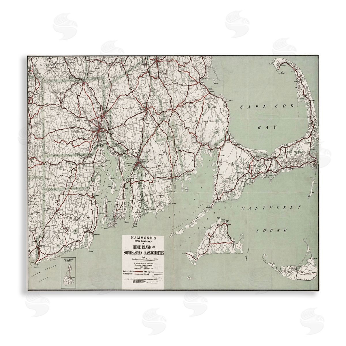 Graffitee Studios Cape Cod & RI Map Canvas Wall Art Print