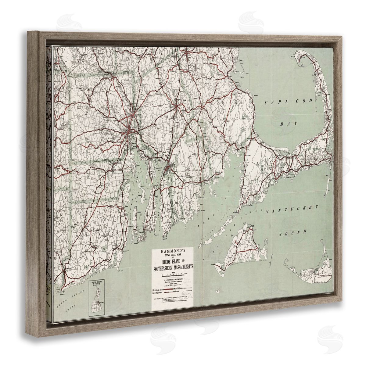 Graffitee Studios Cape Cod & RI Map Brown Floating Frame Canvas Wall Art Print
