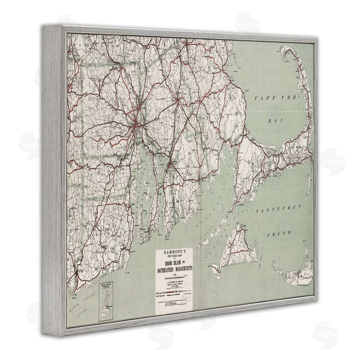 Graffitee Studios Cape Cod & RI Map Gray Framed Giclee Wall Art Print