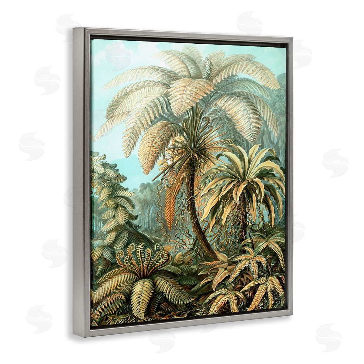 Detailed Palm Tree Leaves Grey Floating Frame Canvas Wall Art, Home Decor by Graffi*tee Studios