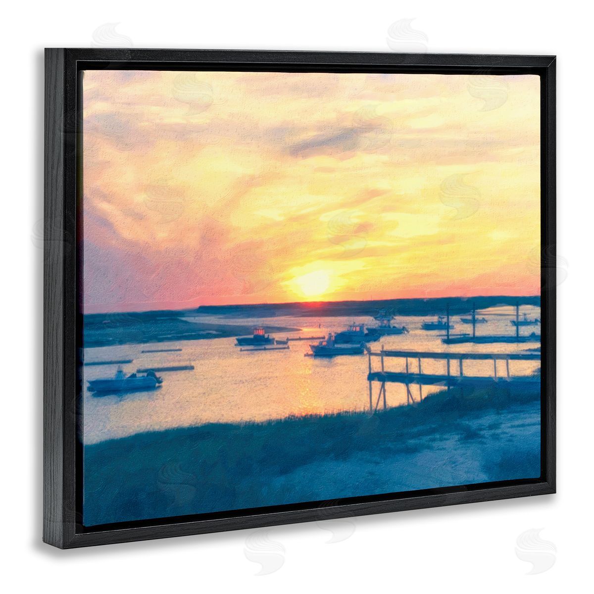 Boats Illuminated at Sunset Black Floating Frame Canvas Wall Art, Home Decor by Graffi*tee Studios