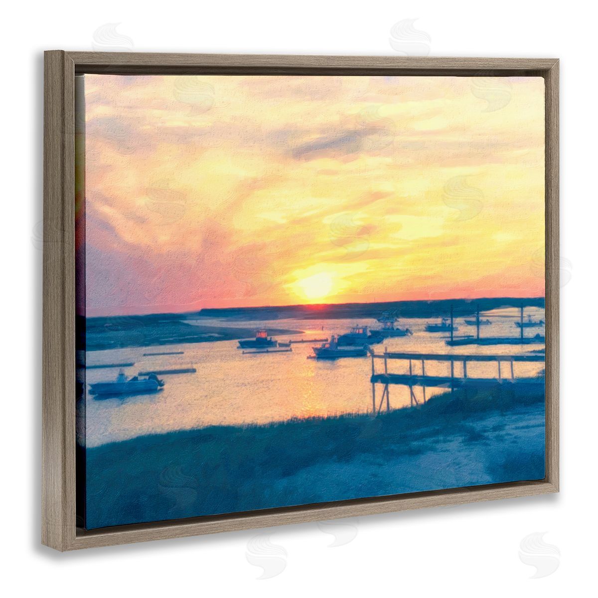 Boats Illuminated at Sunset Brown Floating Frame Canvas Wall Art, Home Decor by Graffi*tee Studios