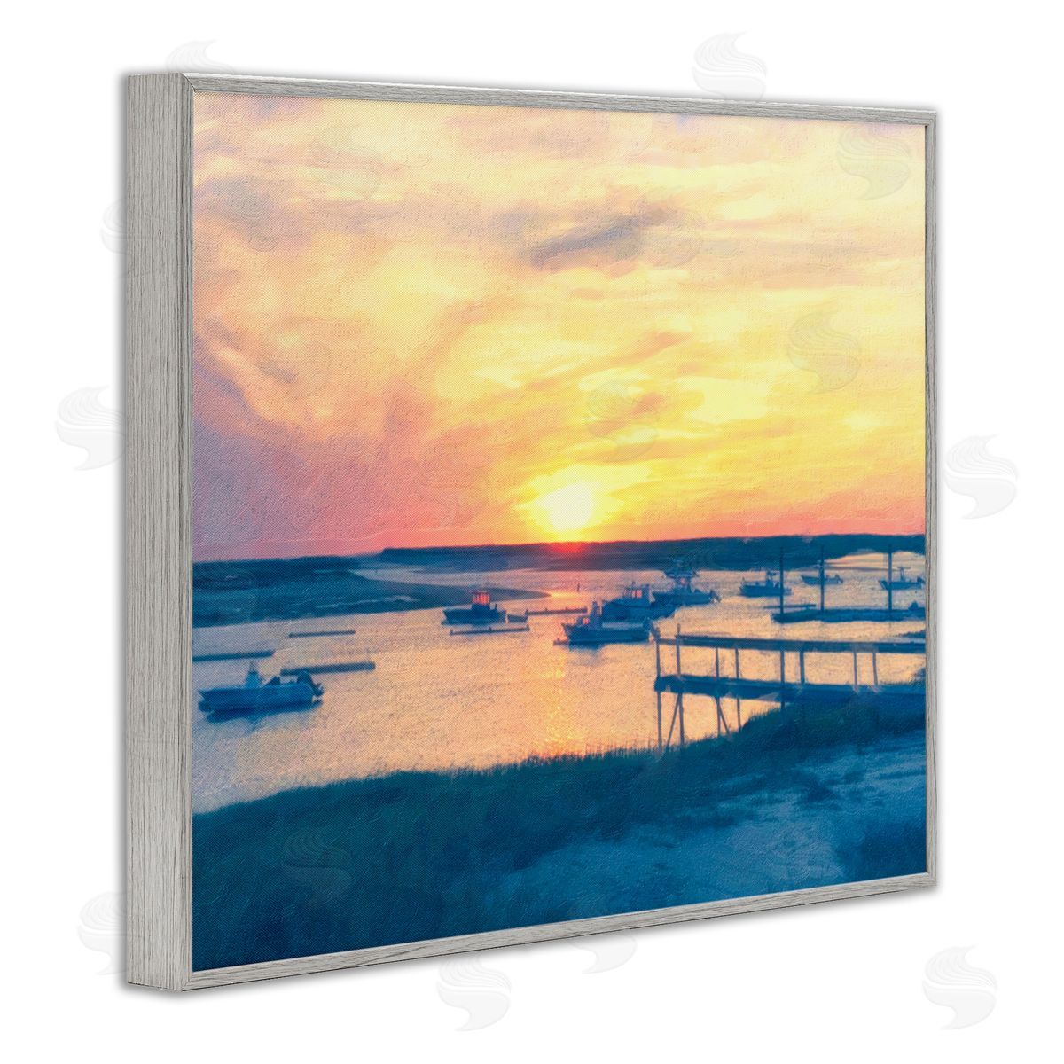 Boats Illuminated at Sunset Grey Frame Print Wall Art, Home Decor by Graffi*tee Studios