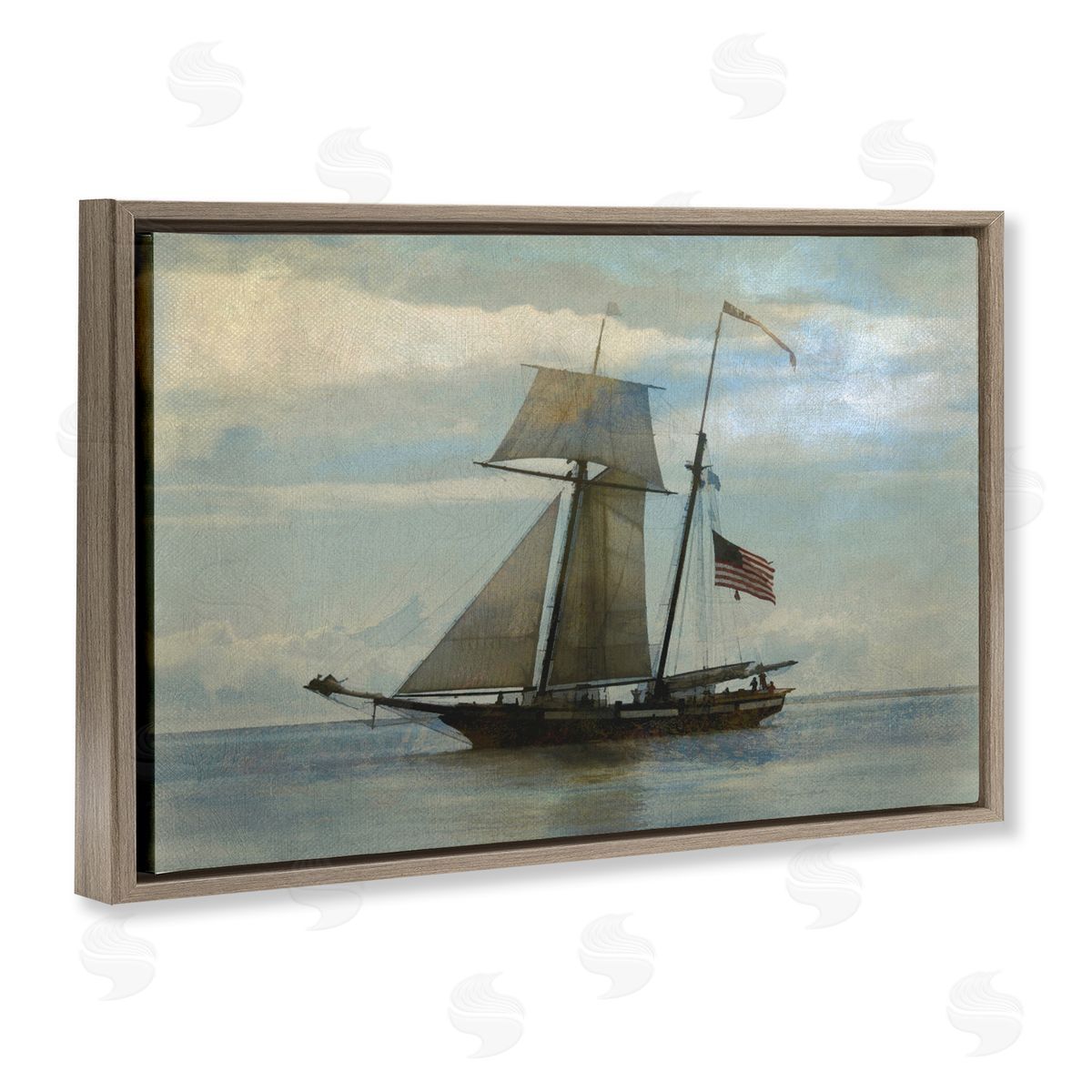 Classic Ship with Flag Brown Floating Frame Canvas Wall Art, Home Decor by Graffi*tee Studios