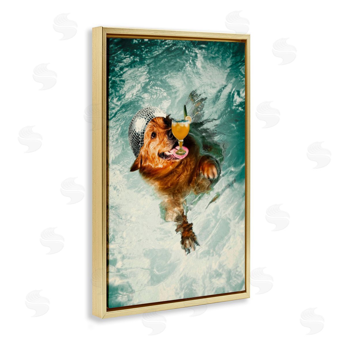 Disco Dog in Pool Gold Floating Frame Canvas Wall Art, Home Decor by Graffi*tee Studios