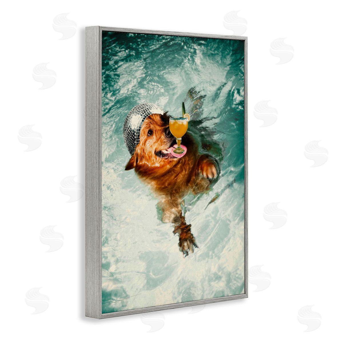 Disco Dog in Pool Grey Frame Print Wall Art, Home Decor by Graffi*tee Studios