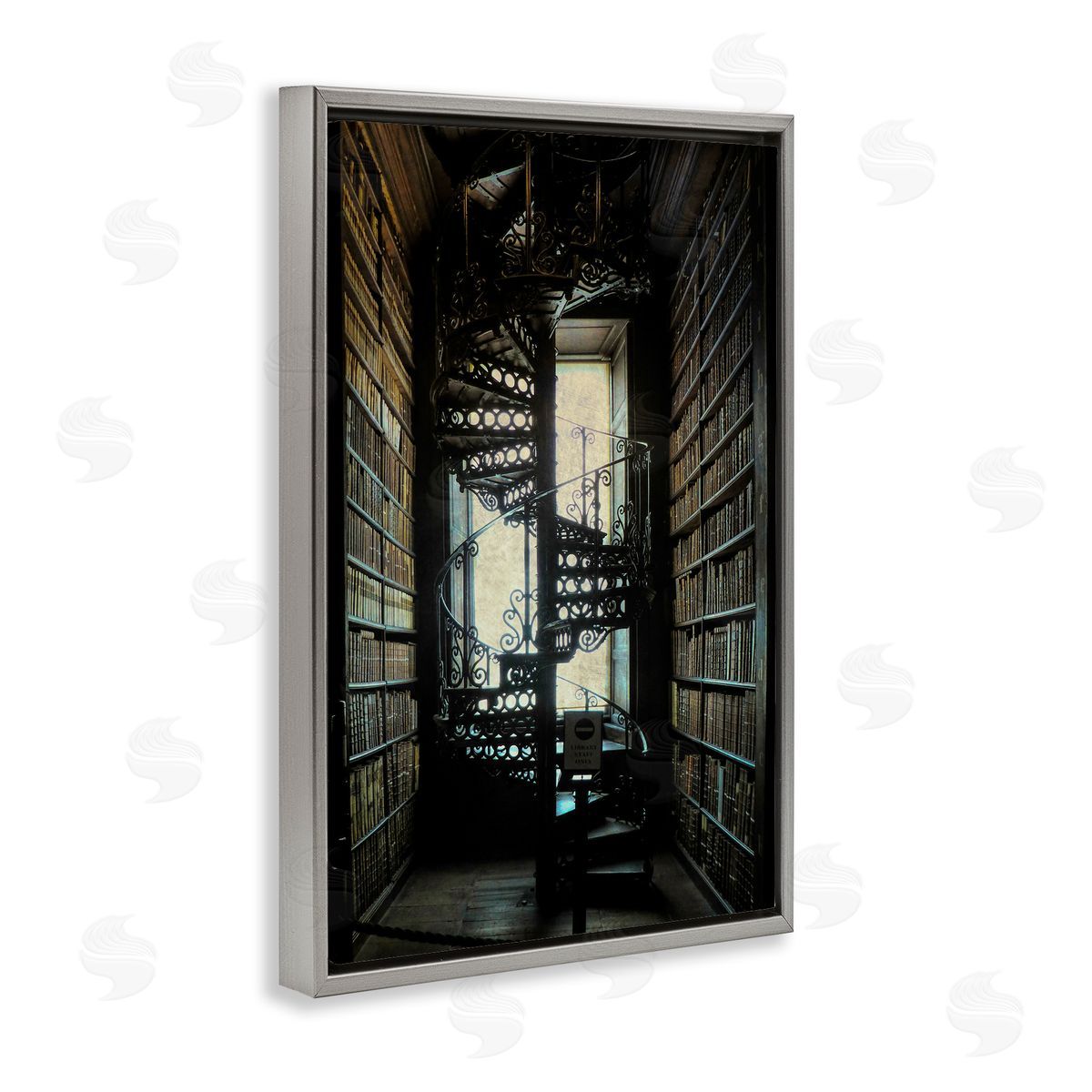Vintage Library Spiral Stairs Grey Floating Frame Canvas Wall Art, Home Decor by Graffi*tee Studios