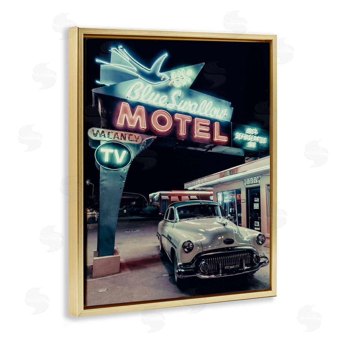 Vintage Motel Getaway Car Gold Floating Frame Canvas Wall Art, Home Decor by Graffi*tee Studios