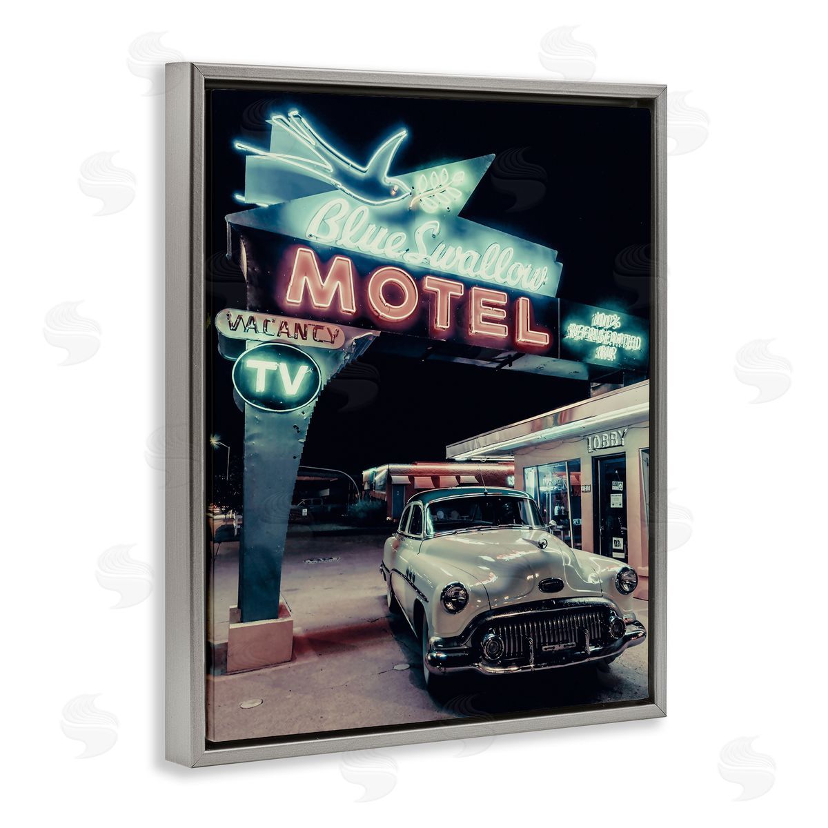 Vintage Motel Getaway Car Grey Floating Frame Canvas Wall Art, Home Decor by Graffi*tee Studios
