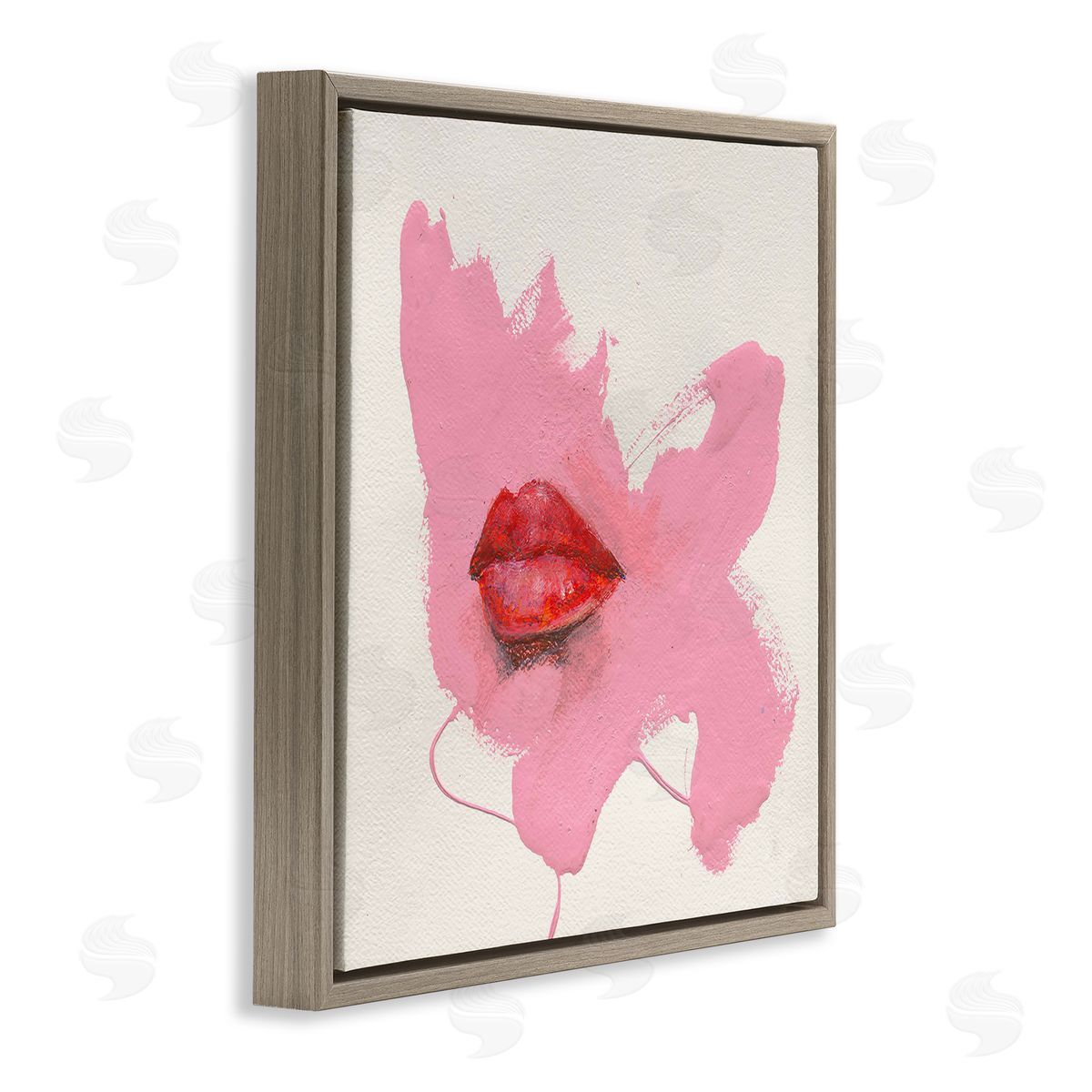 Red Lips on Pink Brown Floating Frame Canvas Wall Art, Home Decor by Daniel Houston