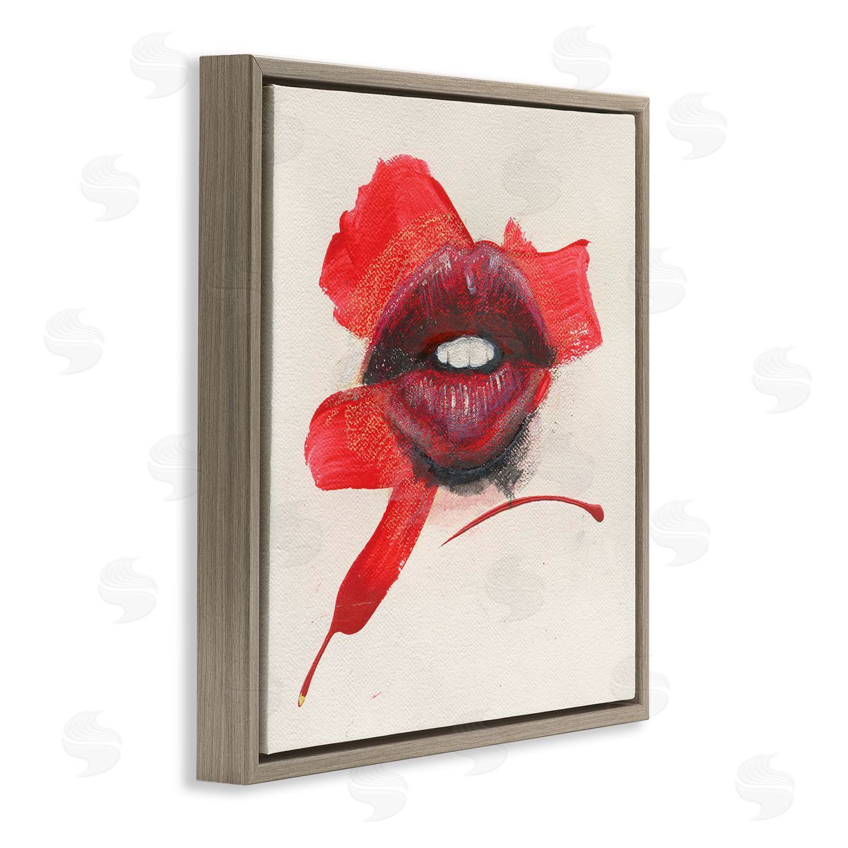 Red Lips Paint Streak Brown Floating Frame Canvas Wall Art, Home Decor by Daniel Houston