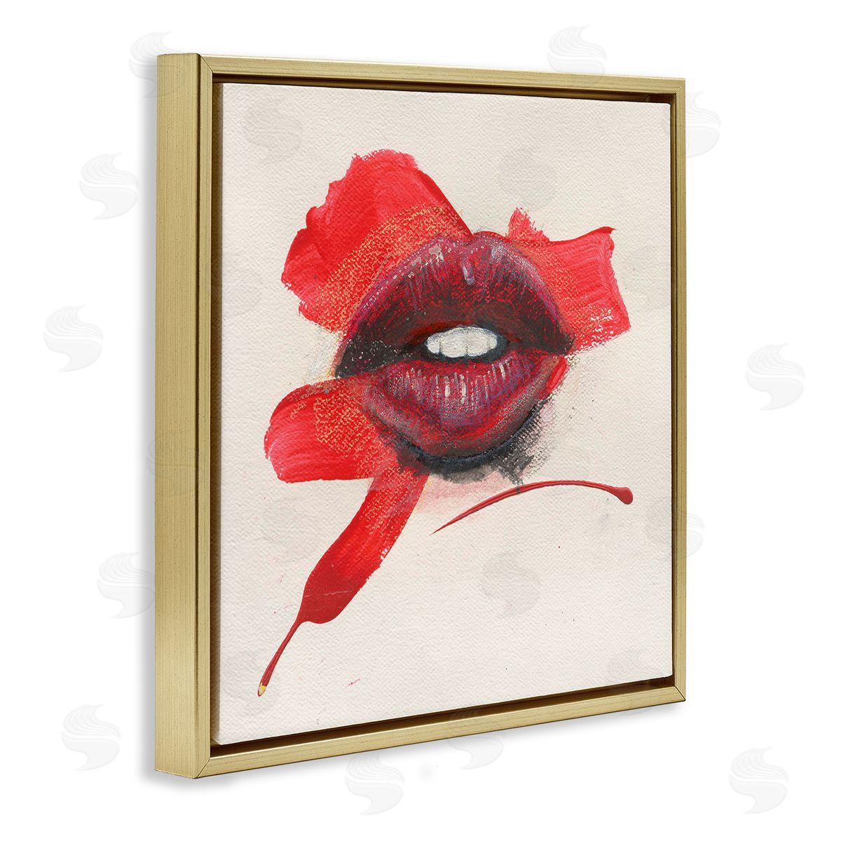 Red Lips Paint Streak Gold Floating Frame Canvas Wall Art, Home Decor by Daniel Houston