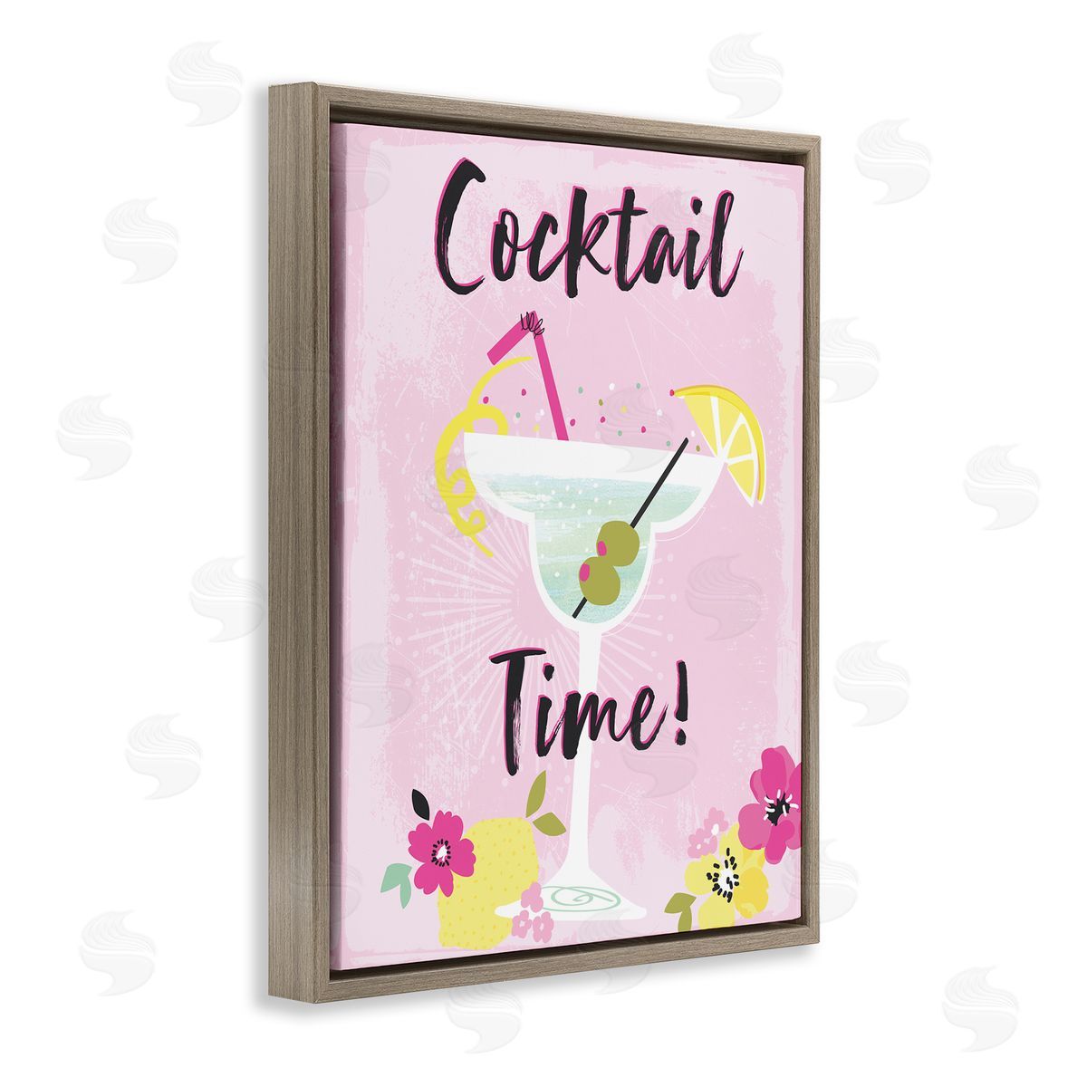 Pink Cocktail Time Brown Floating Frame Canvas Wall Art, Home Decor by Angela Nickeas