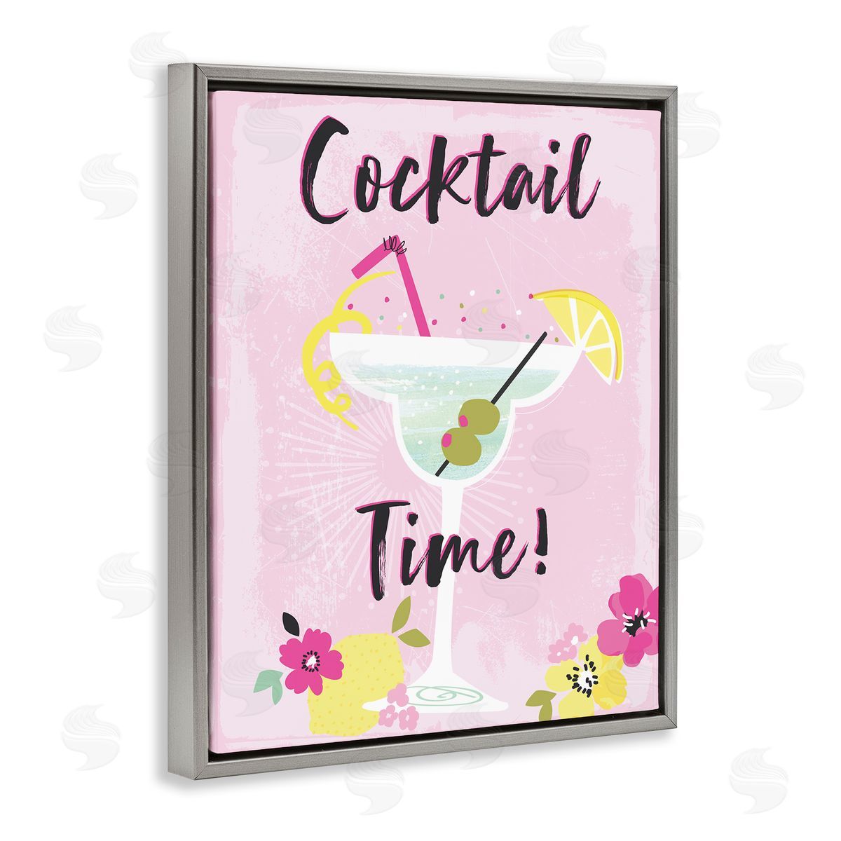 Pink Cocktail Time Grey Floating Frame Canvas Wall Art, Home Decor by Angela Nickeas