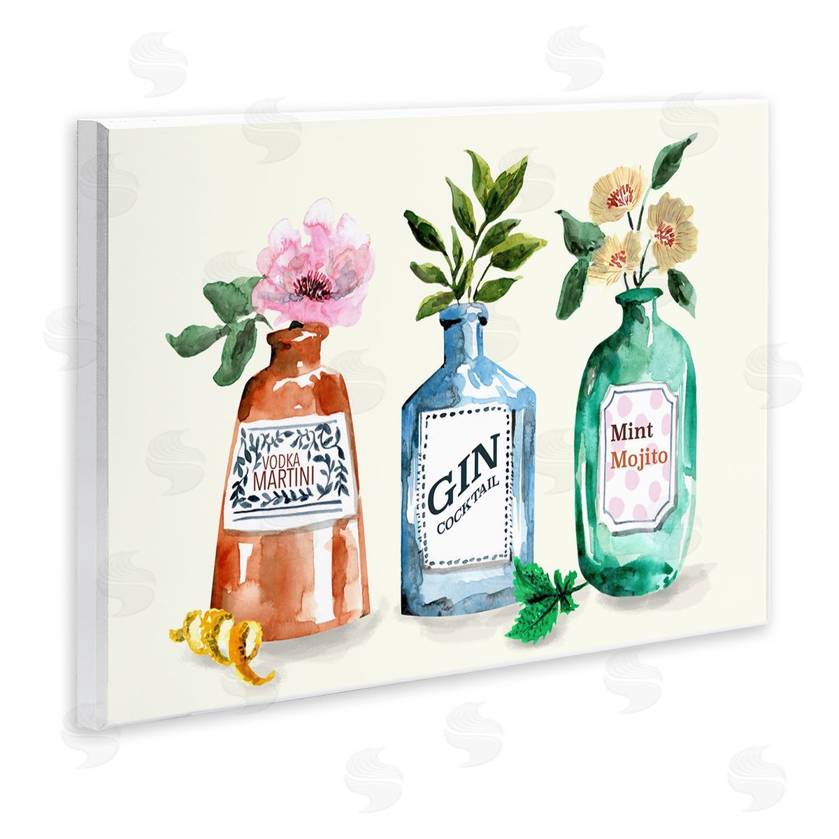 Floral Alcohol Bottles Wood Plaque Wall Art, Home Decor by Kate Eldridge