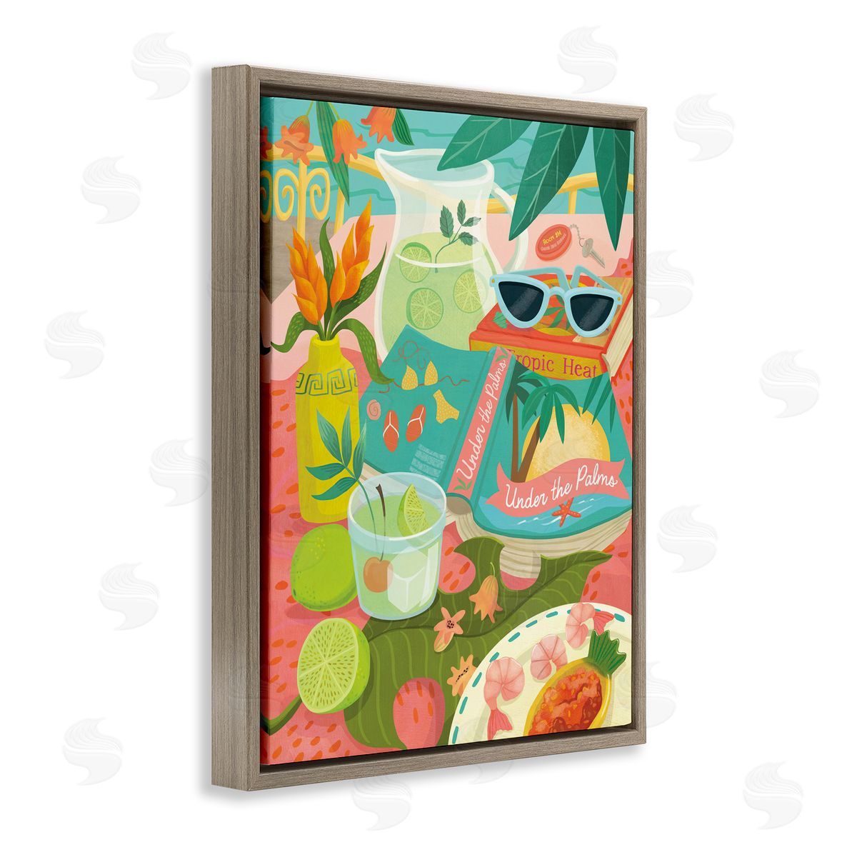 Tropical Drinks on Beach Brown Floating Frame Canvas Wall Art, Home Decor by Laura Watson