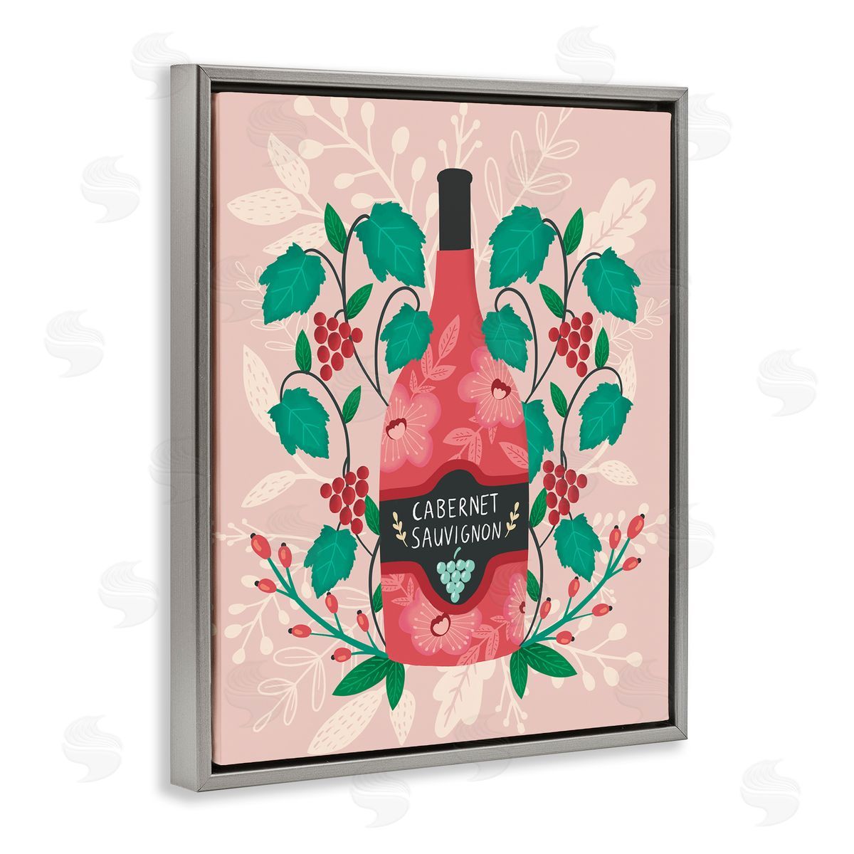 Classic Floral Wine Bottle Grey Floating Frame Canvas Wall Art, Home Decor by Louise Allen Designs