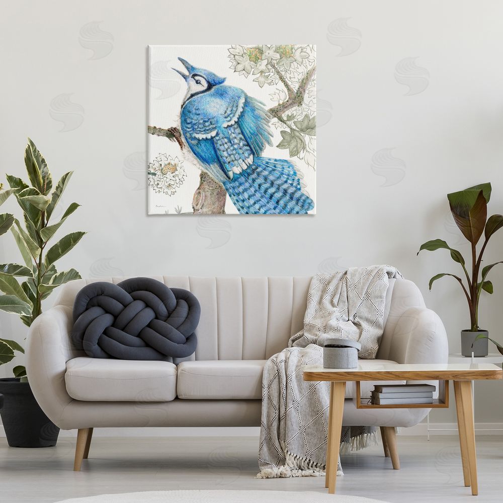 Evelia Designs Rhododendron & Blue Jay Canvas Wall Art Print in Room