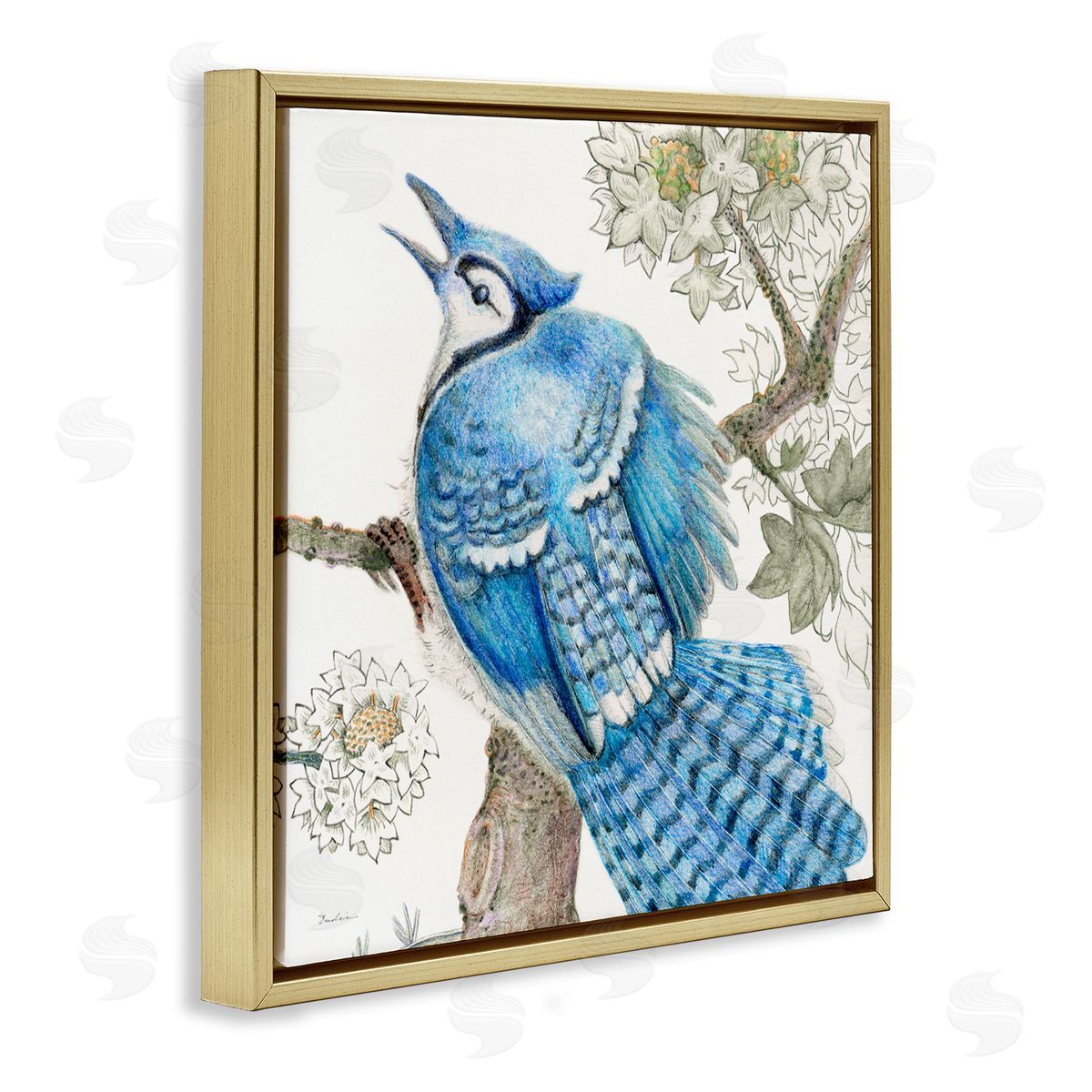 Evelia Designs Rhododendron & Blue Jay Gold Floating Frame Canvas Wall Art Print