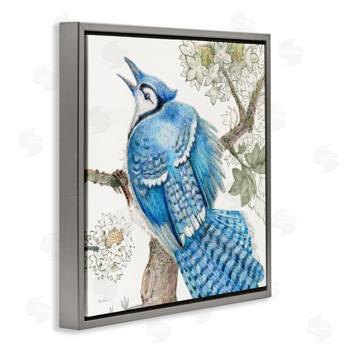 Evelia Designs Rhododendron & Blue Jay Gray Floating Frame Canvas Wall Art Print