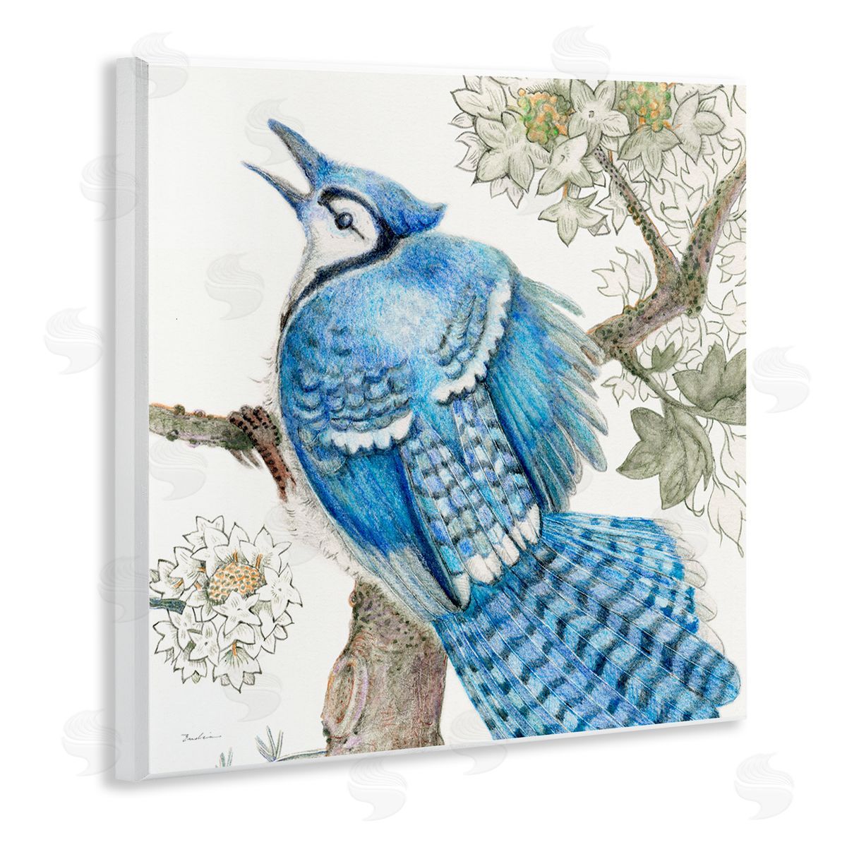 Evelia Designs Rhododendron & Blue Jay Wooden Wall Plaque Art Print