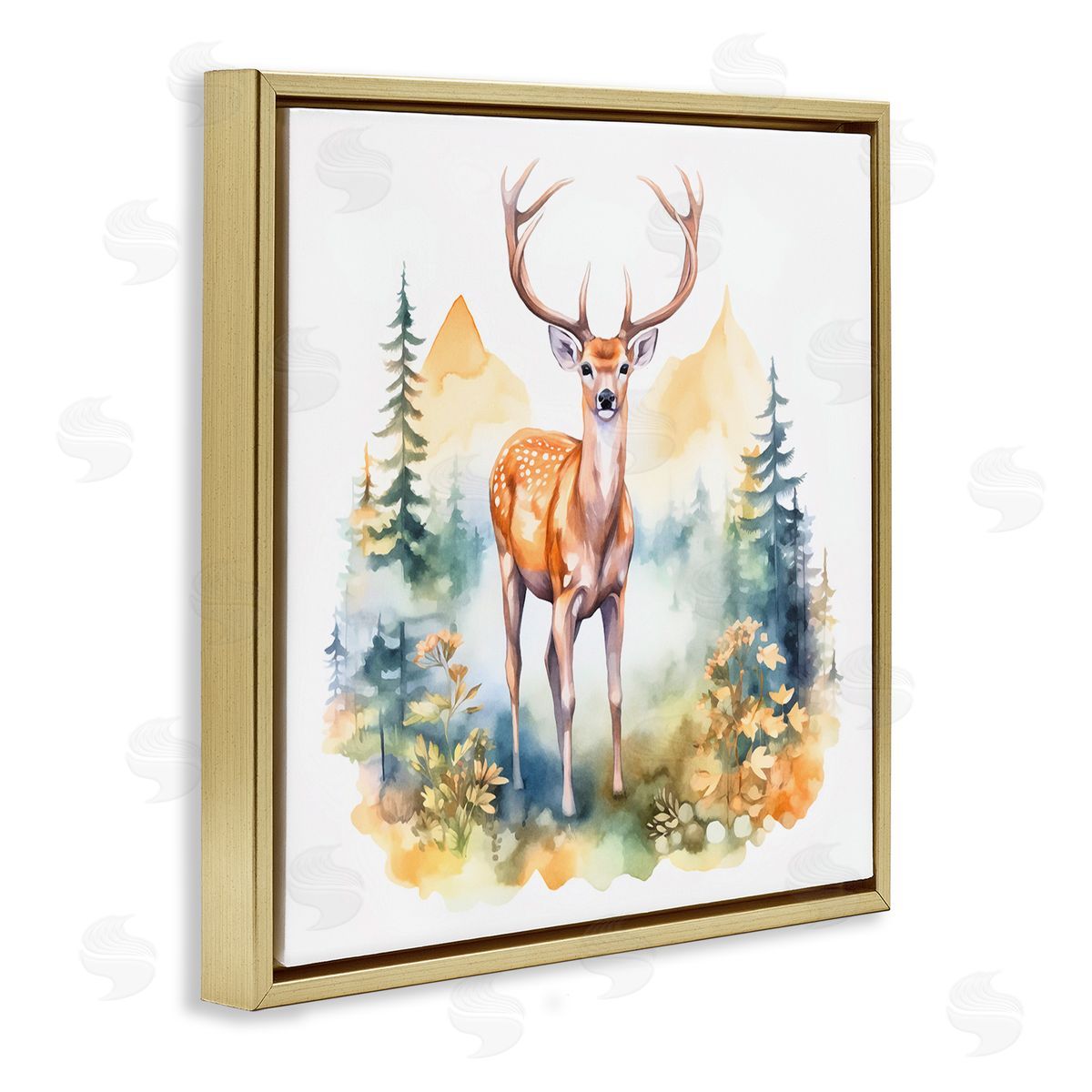 Andrea Haase Wild Deer with Mountains Gold Floating Frame Canvas Wall Art Print