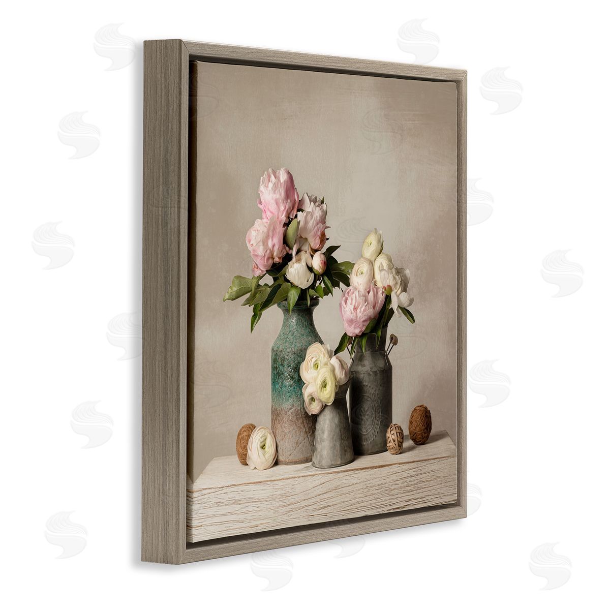 Leah McLean Three Spring Blooms Brown Floating Frame Canvas Wall Art Print