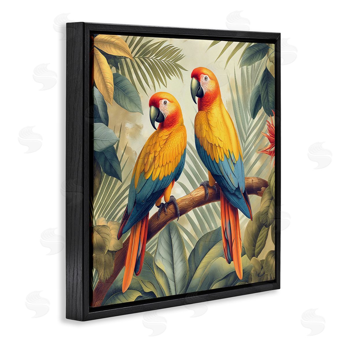 Steve Hunziker Parrot Duo on Branch Black Floating Frame Canvas Wall Art Print