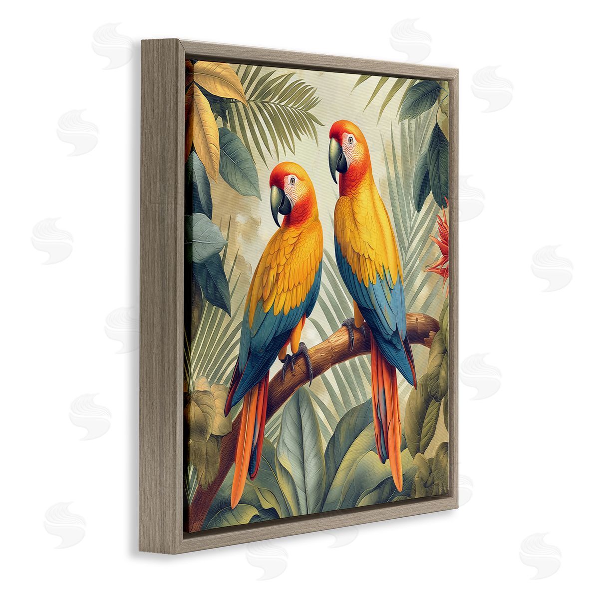 Steve Hunziker Parrot Duo on Branch Brown Floating Frame Canvas Wall Art Print