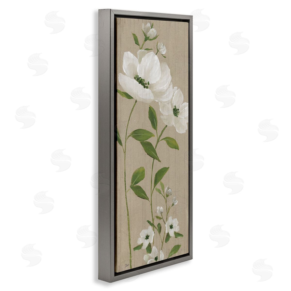 Curved Poppy Blossoms Grey Floating Frame Canvas Wall Art, Home Decor by Nan
