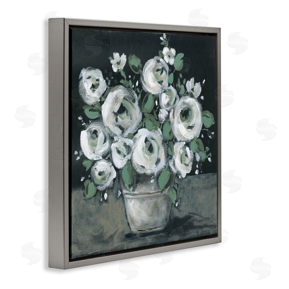 Carol Robinson Muted White Rose Bouquet Gray Floating Frame Canvas Wall Art Print