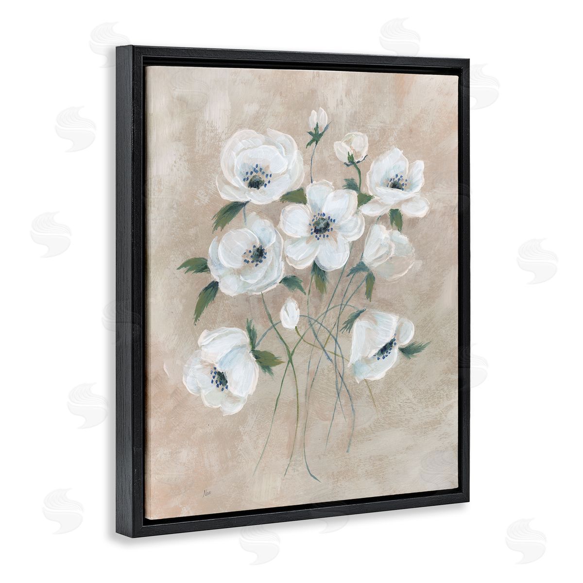 Beige Neutral Flowers Black Floating Frame Canvas Wall Art, Home Decor by Nan