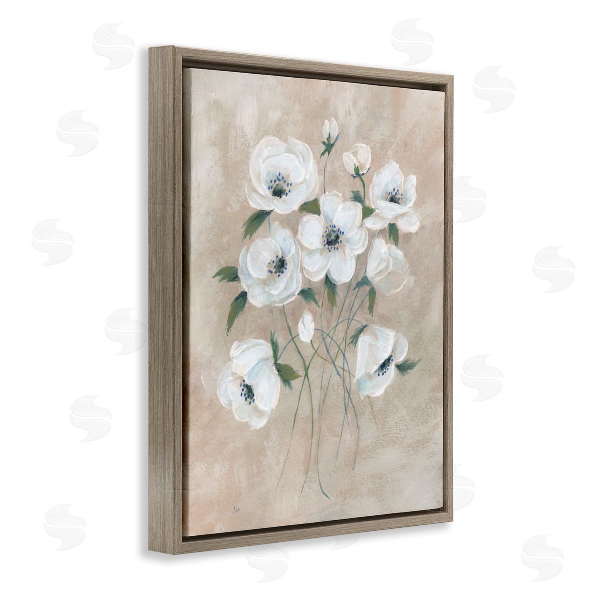 Beige Neutral Flowers Brown Floating Frame Canvas Wall Art, Home Decor by Nan
