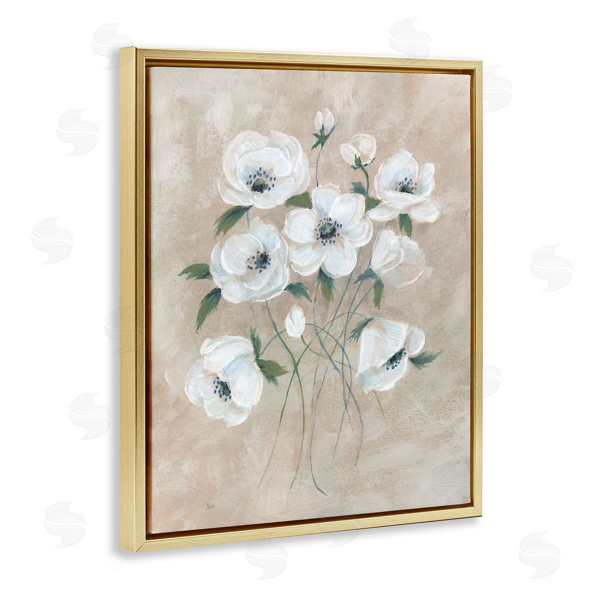 Beige Neutral Flowers Gold Floating Frame Canvas Wall Art, Home Decor by Nan