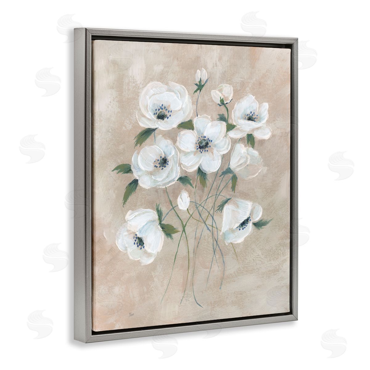 Beige Neutral Flowers Grey Floating Frame Canvas Wall Art, Home Decor by Nan