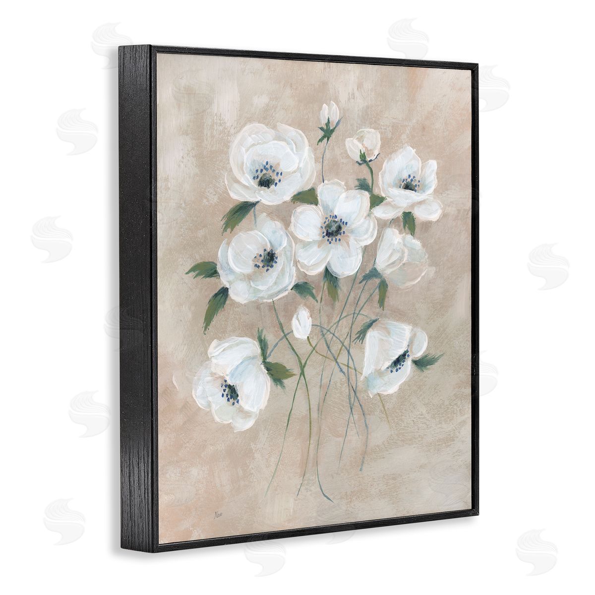 Beige Neutral Flowers Black Frame Print Wall Art, Home Decor by Nan
