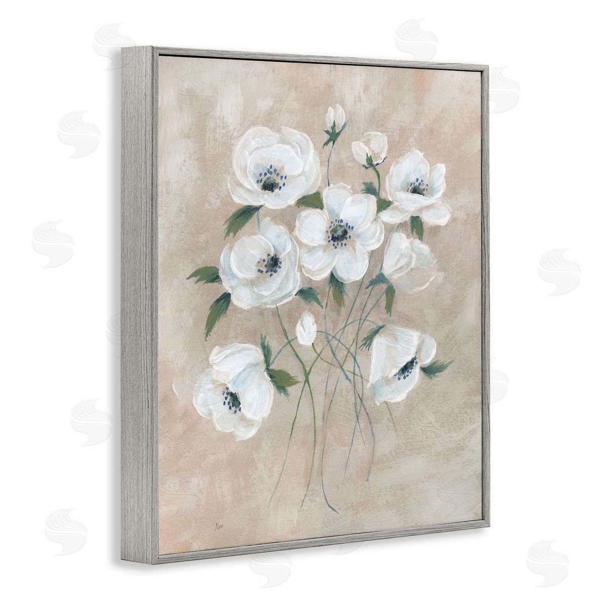 Beige Neutral Flowers Grey Frame Print Wall Art, Home Decor by Nan