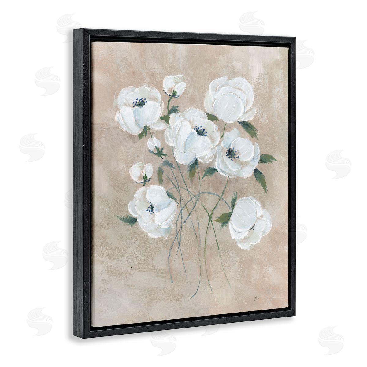 Flowers on Neutral Beige Black Floating Frame Canvas Wall Art, Home Decor by Nan