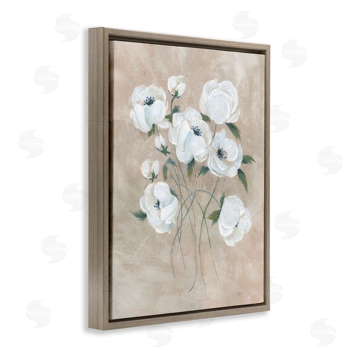 Flowers on Neutral Beige Brown Floating Frame Canvas Wall Art, Home Decor by Nan
